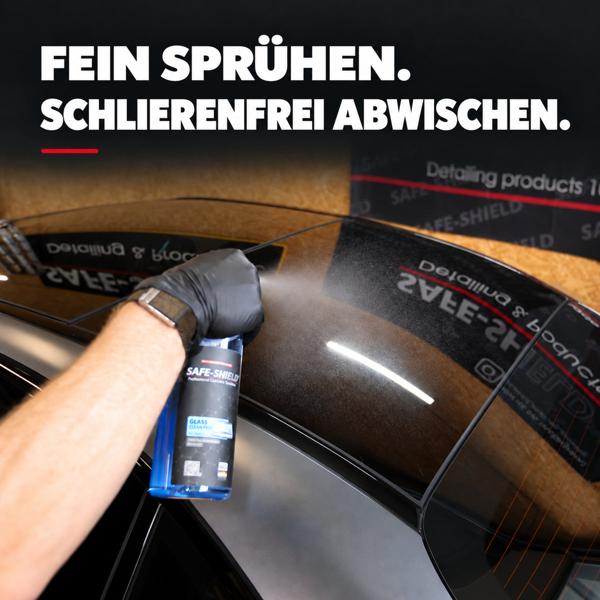 Safe-Shield Glas Reiniger Pro se aplica en una fina pulverización sobre el cristal del coche: pulveriza finamente y limpia sin dejar marcas.