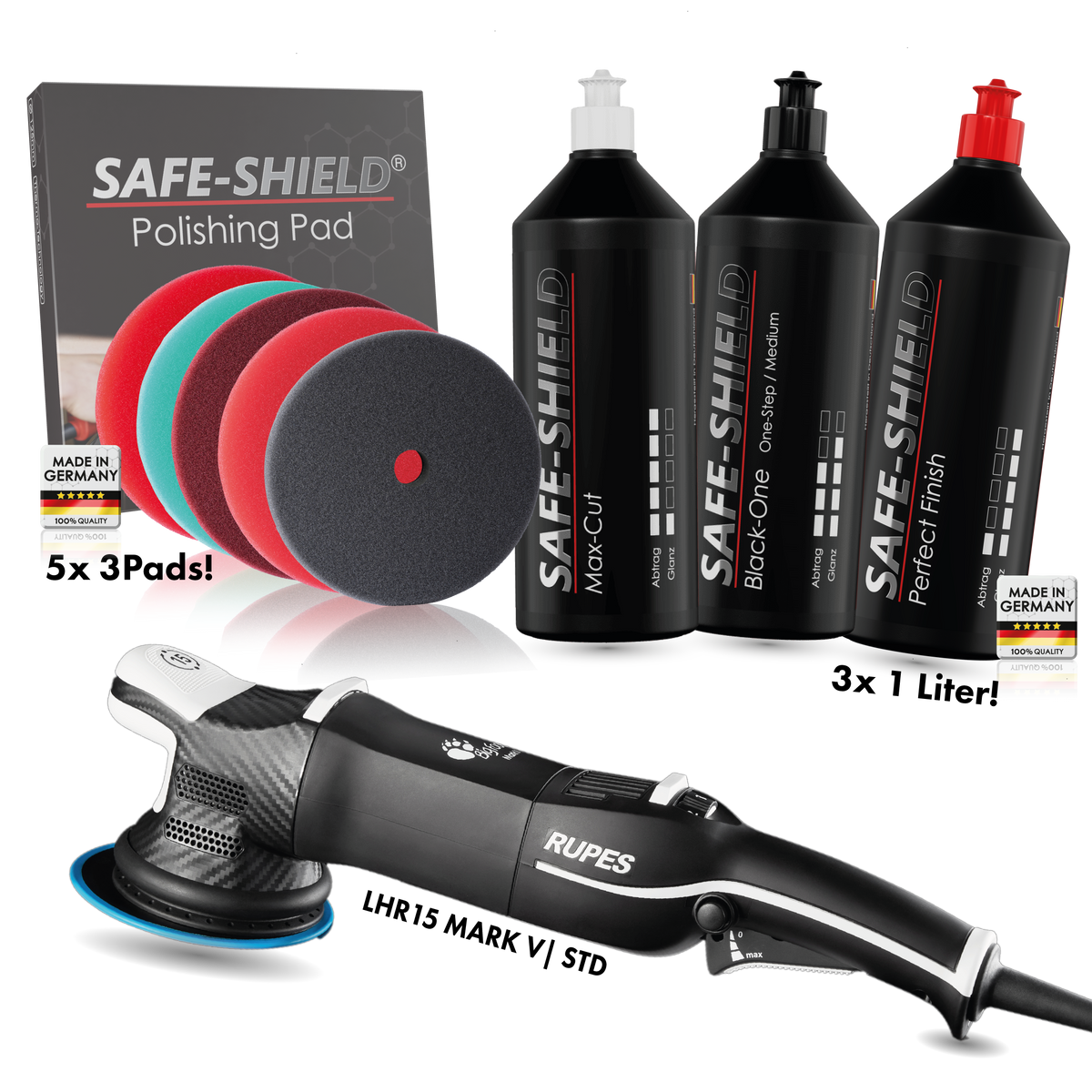 Polisher with polishing pads and polishes.
