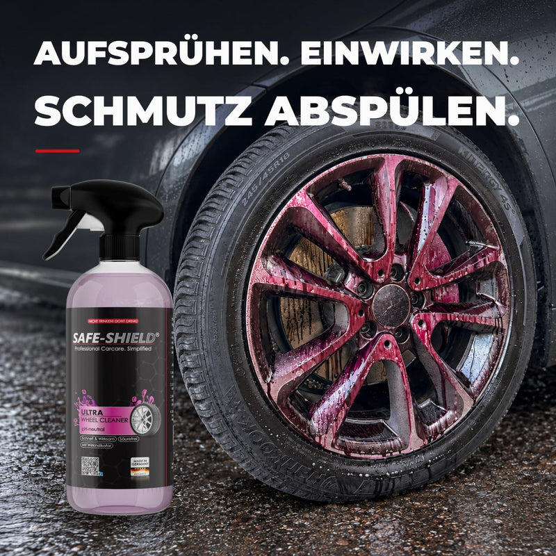 pH-neutral Safe-Shield Ultra Wheel Cleaner and a wheel with a purple reaction indicator