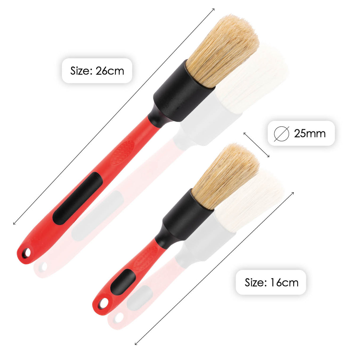 Dimensions of natural-bristle detailing brushes: 16 and 26 cm, diameter 25 mm