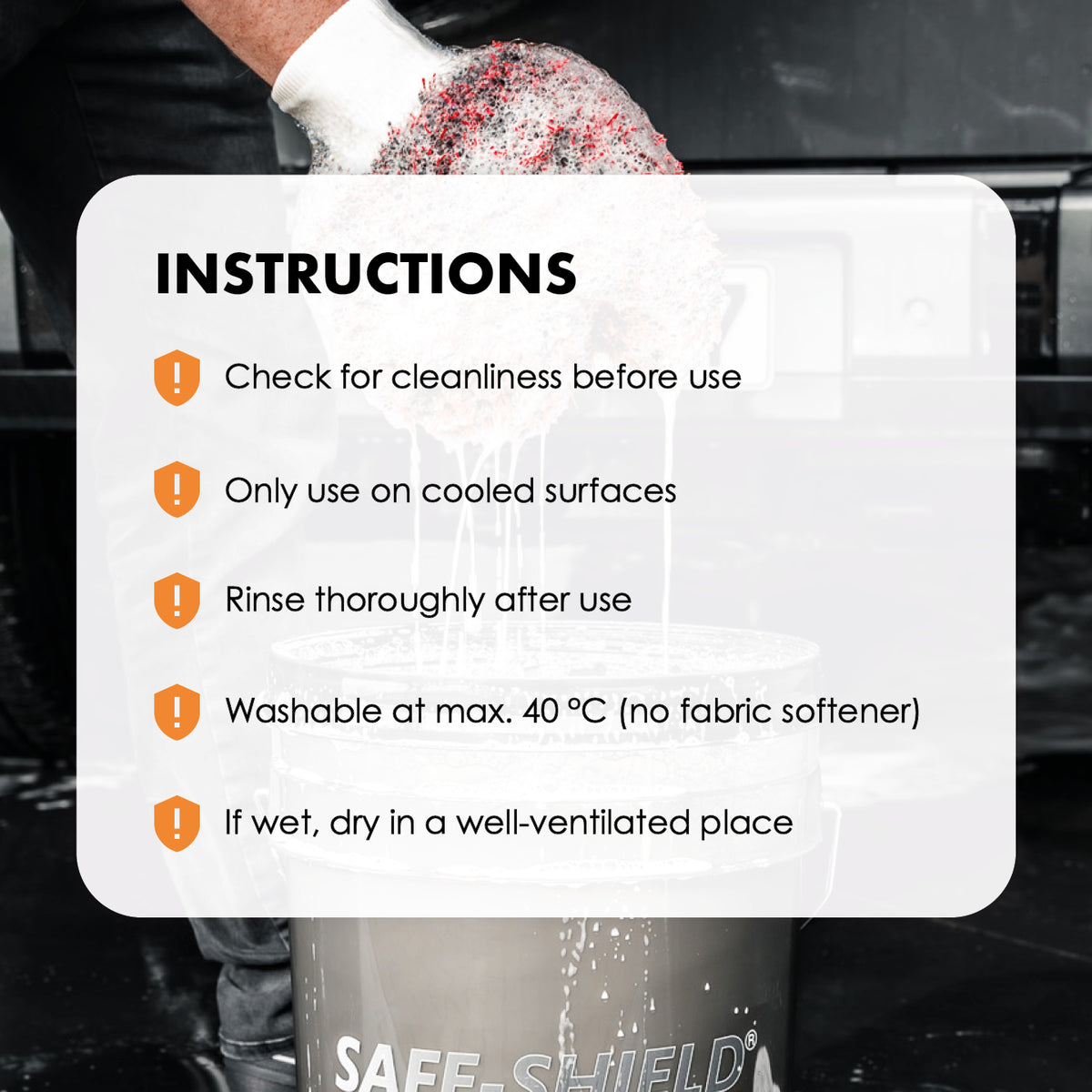 Washing and care instructions for the Safe-Shield microfibre car wash mitt.
