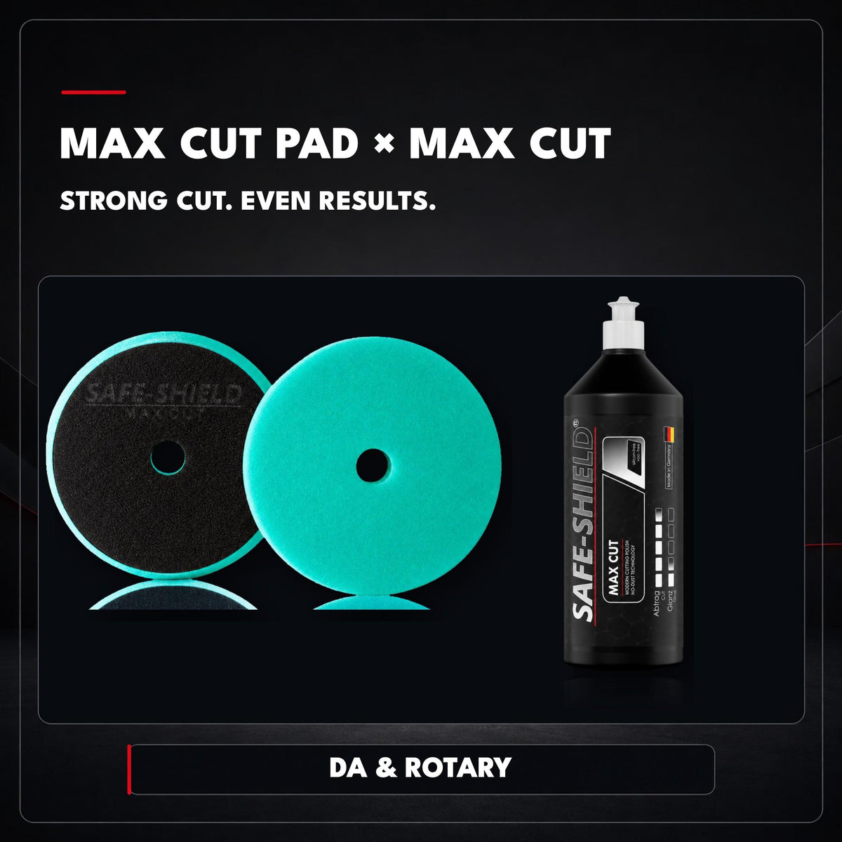 
Disco de pulido Safe-Shield Max Cut con pulimento Max Cut para un corte intenso y resultados uniformes, apto para pulidoras orbitales y rotativas.