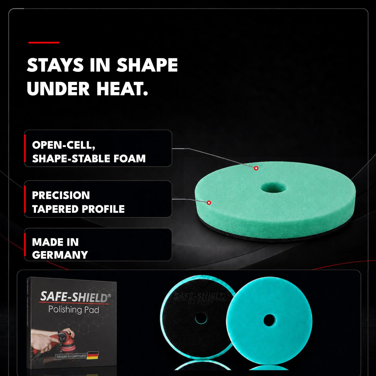 
Disco de pulido Safe-Shield Max Cut con espuma de célula abierta que mantiene su forma, perfil trapezoidal y embalaje original. Fabricado en Alemania.