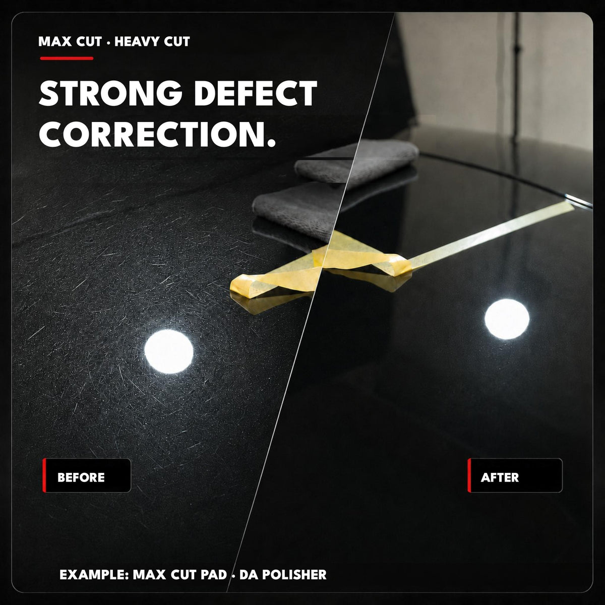 
Ejemplo de corrección de pintura antes y después con Safe-Shield Max Cut y un Max Cut Pad en una pulidora orbital.