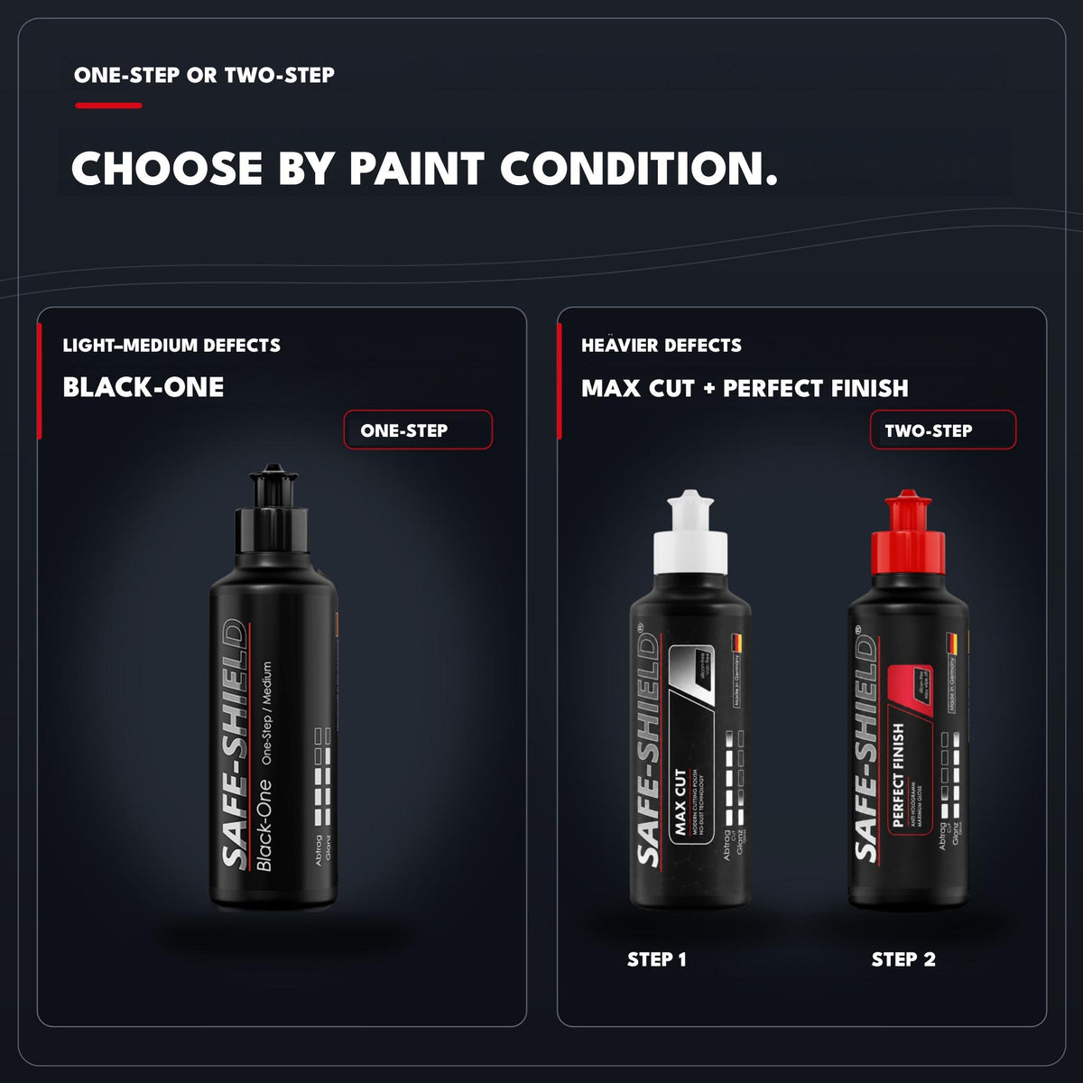 
Black-One para corregir defectos leves a moderados de la pintura en un paso, o Max Cut seguido de Perfect Finish para defectos más importantes.