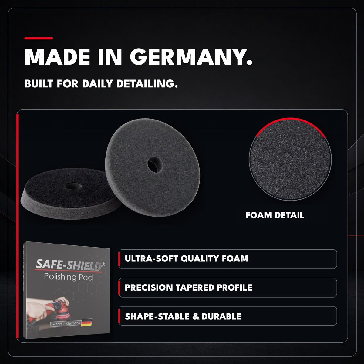 Ultra Soft Polierpad mit besonders weichem Schaum, Trapezprofil, Schaumdetail und Safe-Shield Verpackung; Made in Germany.