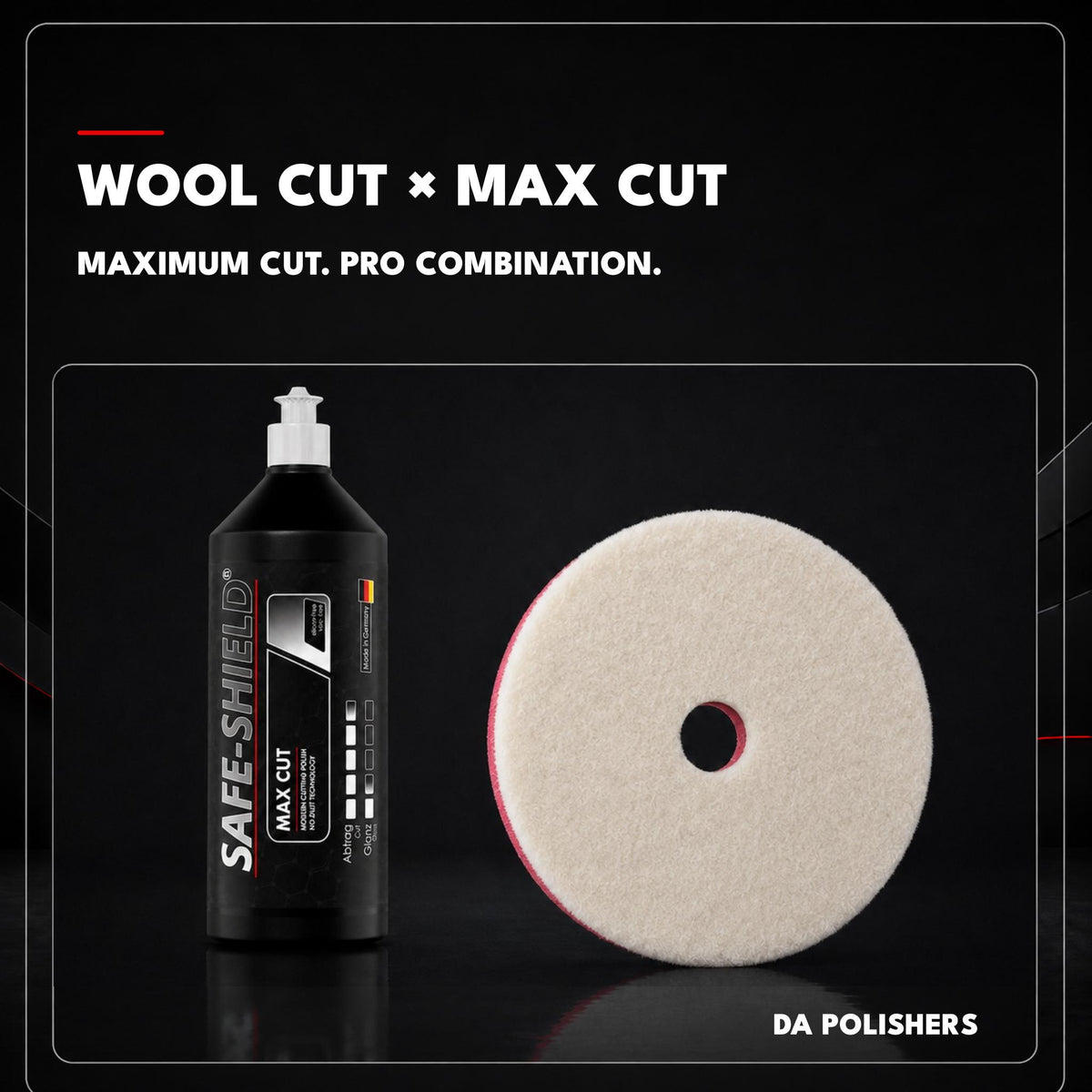
Safe-Shield Wool Cutting Pad con pulimento Max Cut para pulidoras orbitales.