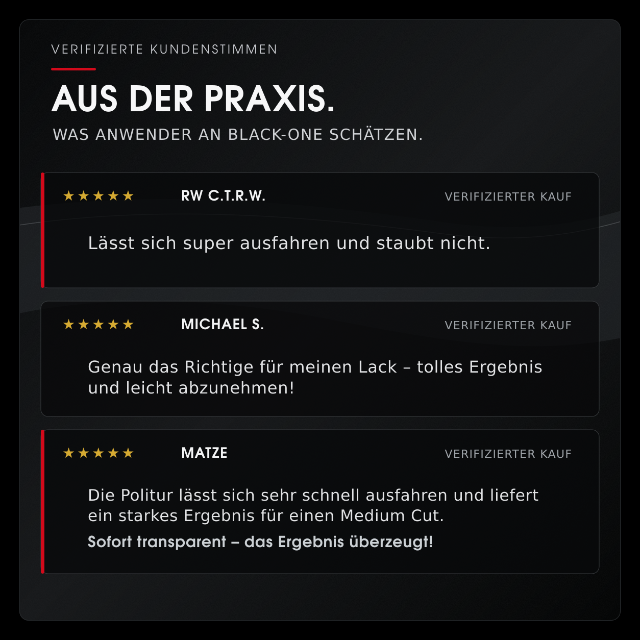 Verifizierte Kundenstimmen zur Safe-Shield Black-One One-Step Politur aus der professionellen Fahrzeugaufbereitung
