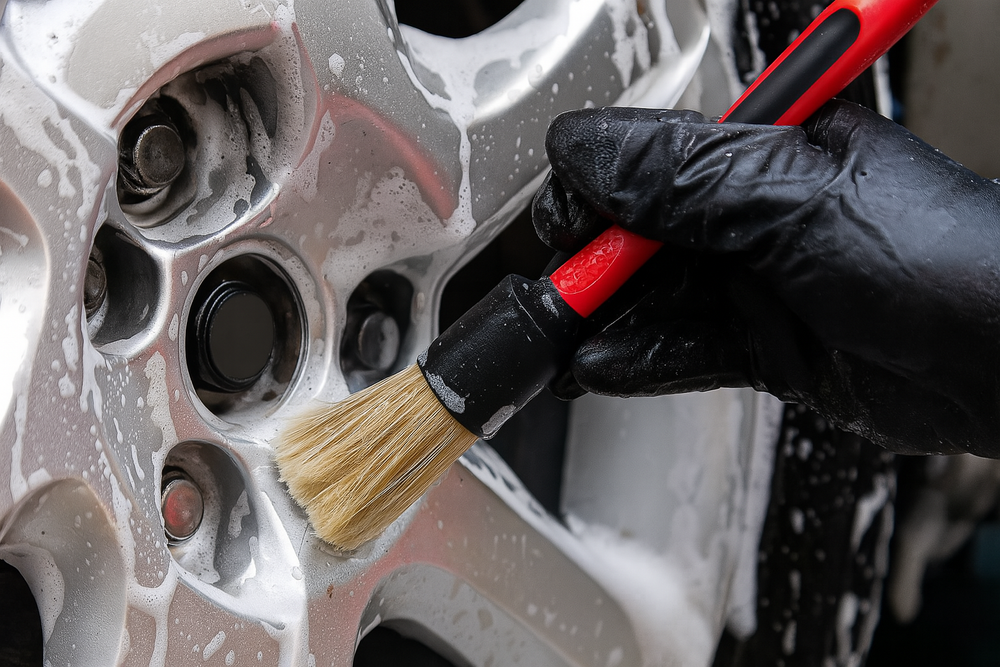 Natural bristle detailing brush cleaning a foamed wheel