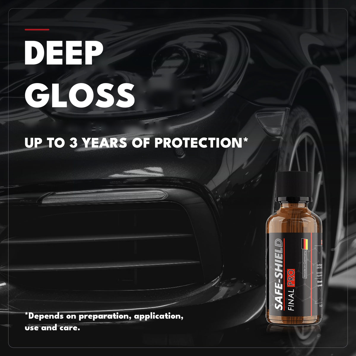 
Brillo profundo en pintura negra de coche protegida con recubrimiento cerámico Final PRO, con protección de hasta 3 años según preparación, aplicación, uso y cuidado.