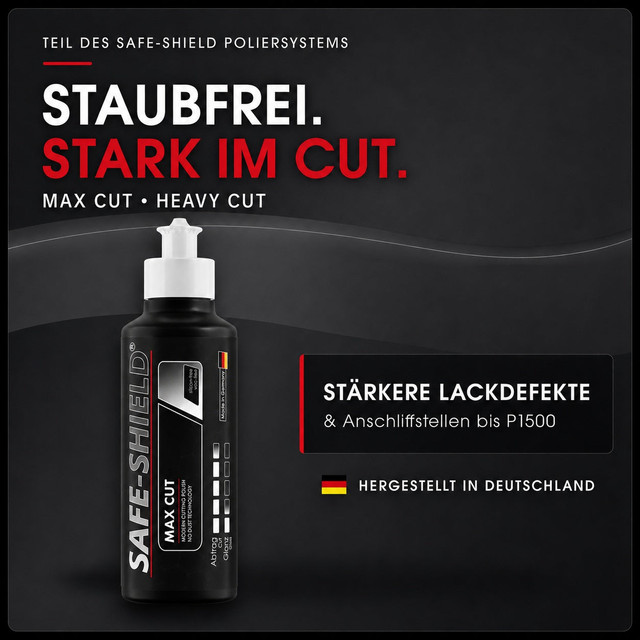 Safe-Shield Max Cut Schleifpolitur für starken Abtrag und staubfreies Arbeiten.