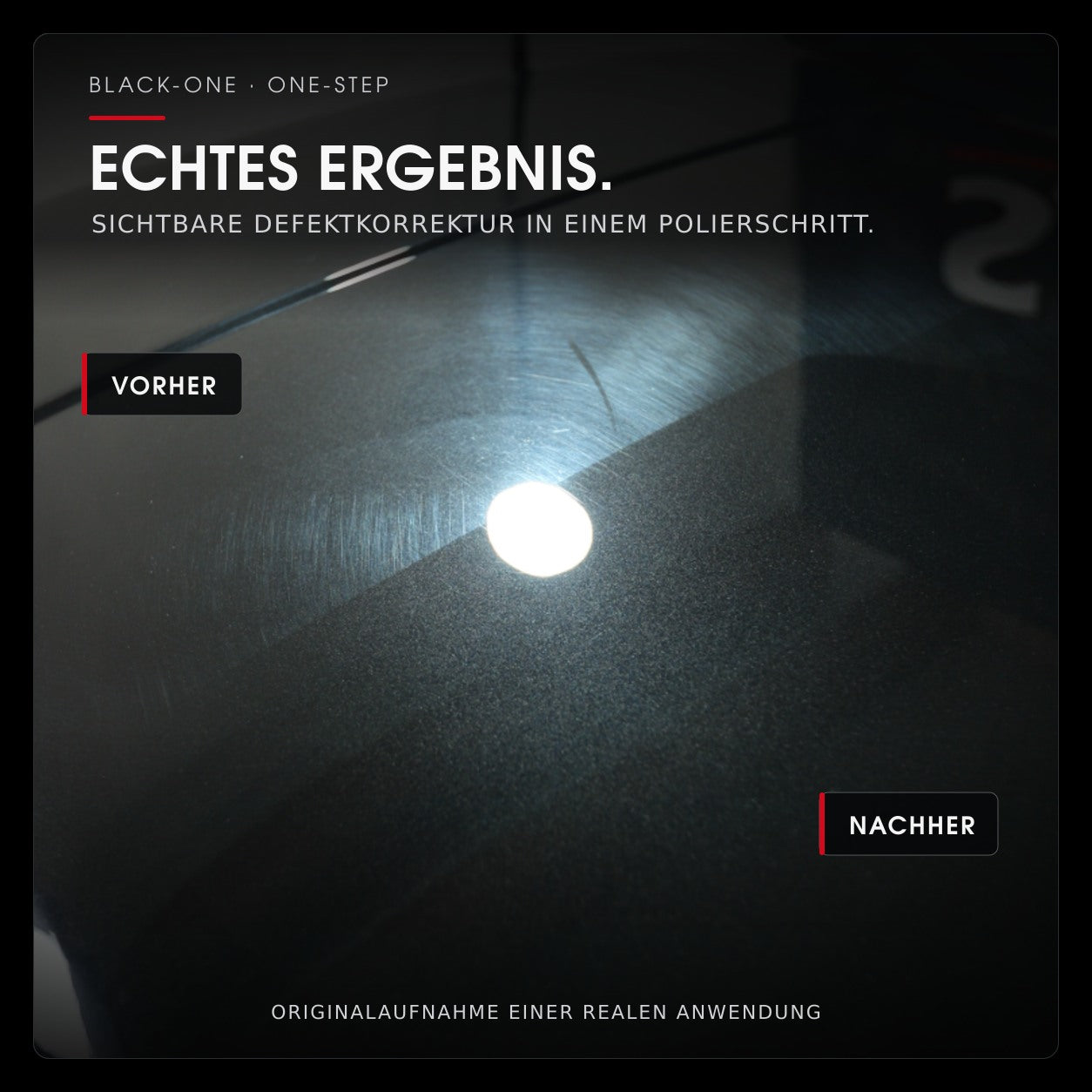 Echtes Vorher-Nachher-Ergebnis mit Safe-Shield Black-One – sichtbare Defektkorrektur nach einem Polierschritt