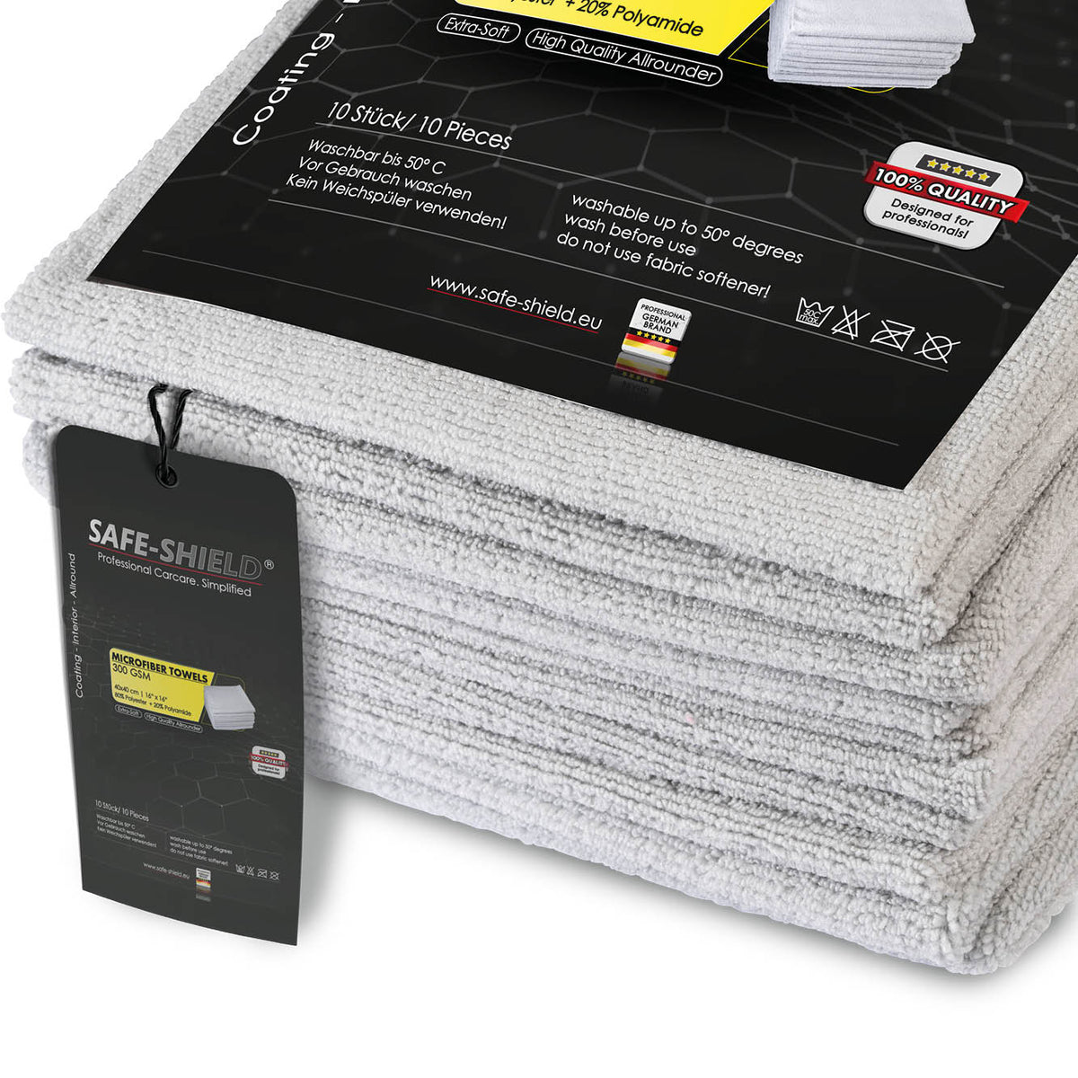 Safe-Shield 300 GSM microfibre cloths with packaging and product information.