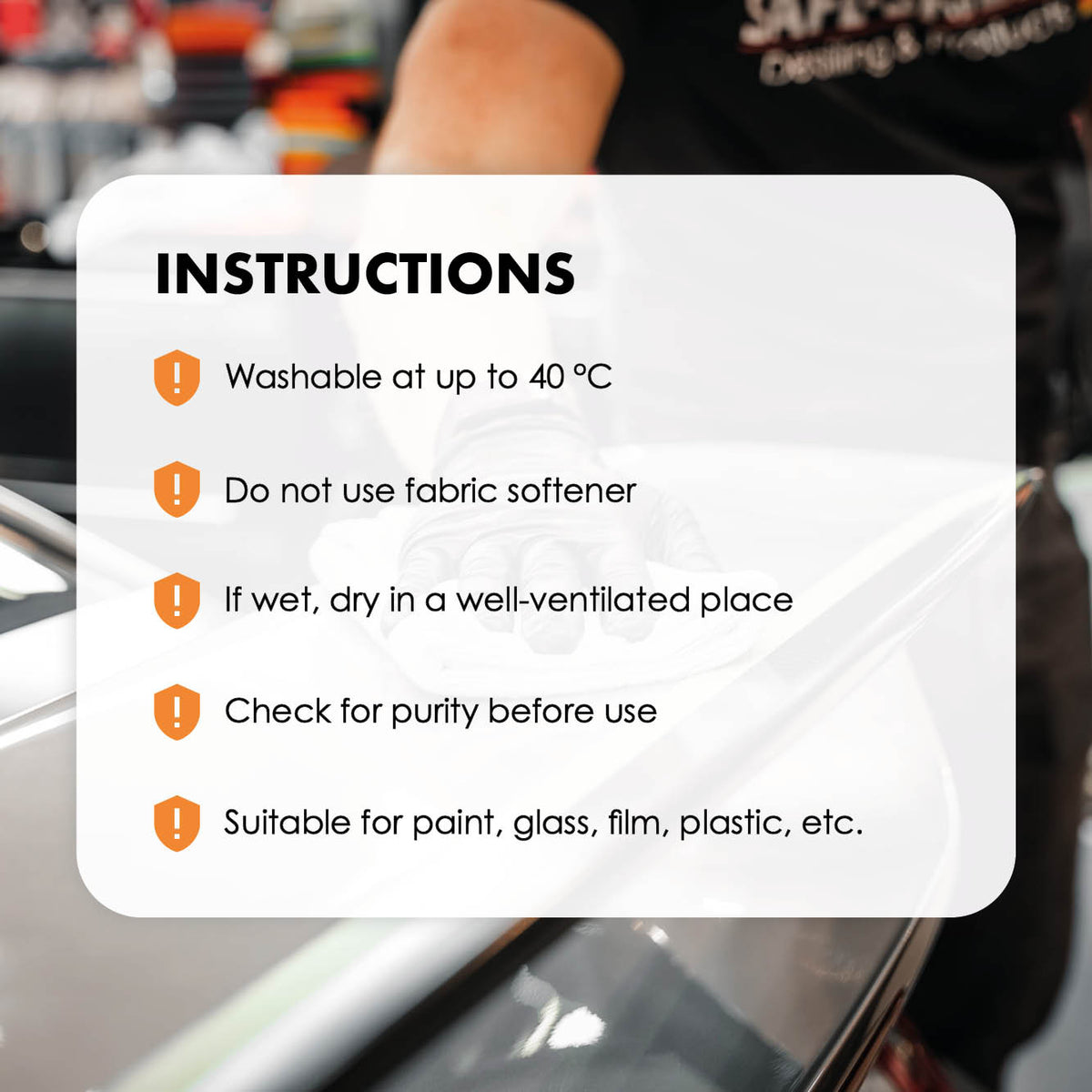 Care instructions for the Safe-Shield 300 GSM microfibre coating and all-round cloth.